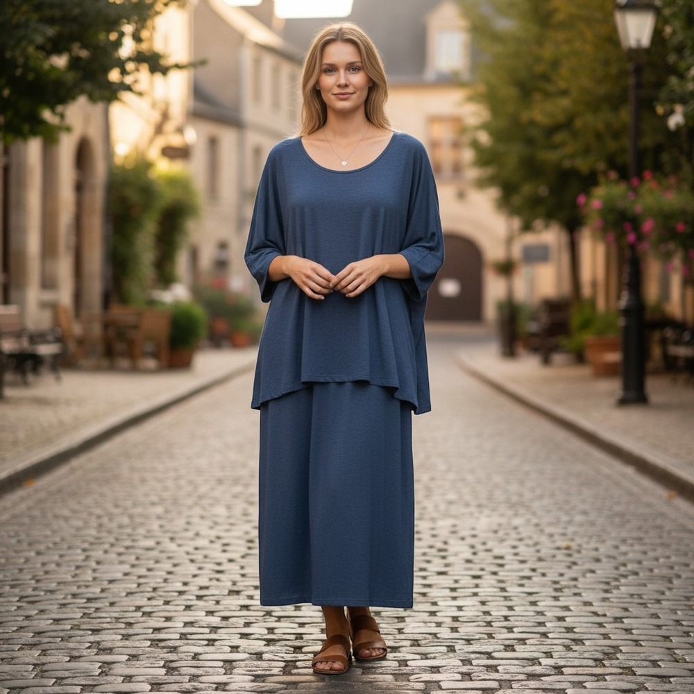 Soft Surroundings sz L blue 3/4 sleeve dress stretchy lagenlook midi length P